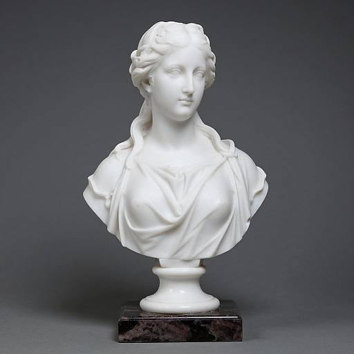 Photograph of a white marble bust of a classical-style woman with soft, wavy hair, draped cloth, and serene expression, set on a black