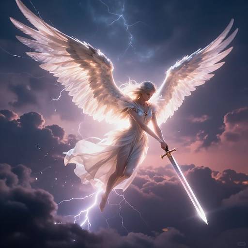 Digital artwork of a radiant, winged angel with glowing white wings, holding a glowing sword, surrounded by lightning in a dramatic, cloudy sky at sunset