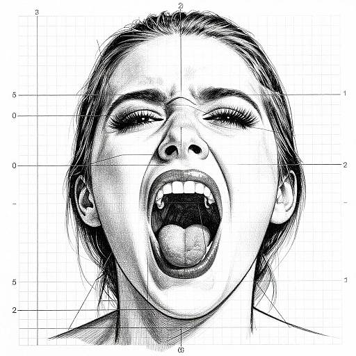 Black-and-white manga-style close-up of a woman with closed eyes, open mouth, tongue visible, hair pulled back, superimposed with a grid