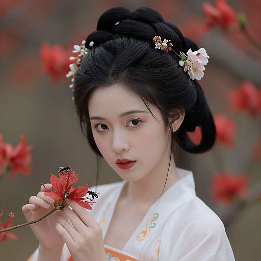 Woman with Floral Hairstyle and Insects