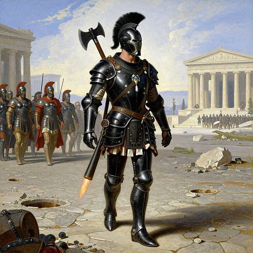 Digital art of a Roman gladiator in black armor with a plumed helmet, holding a battle axe, standing in a ruined, sunlit ancient city
