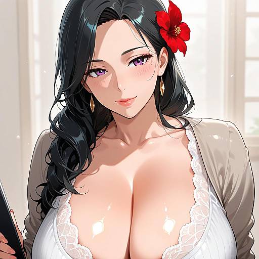 Digital anime-style drawing of a beautiful woman with long black hair, purple eyes, large breasts in a white lace top, gold earrings, red flower,