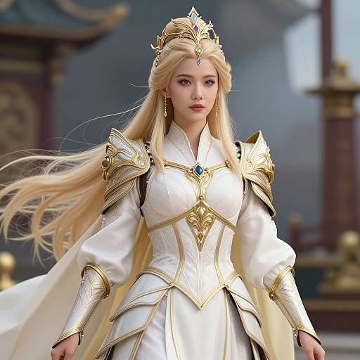 Digital artwork of a blonde, fair-skinned, regal woman with long hair, wearing a golden crown, white and gold armor dress, and blue