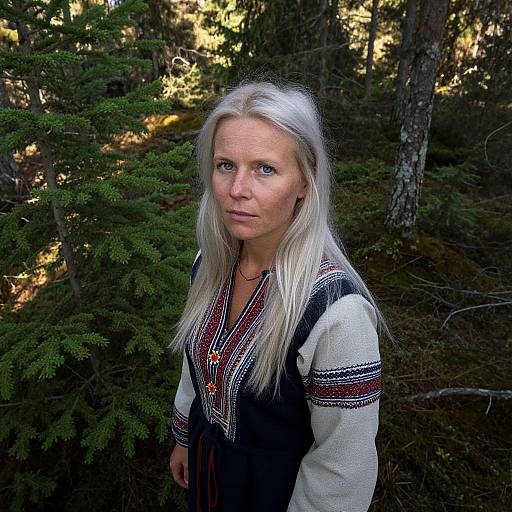 Photograph of a middle-aged woman with long, straight, white-blonde hair, wearing a traditional, embroidered, long-sleeve, dark