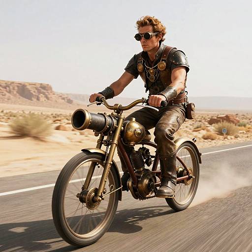 Steampunk Man Riding Monocycle in Desert