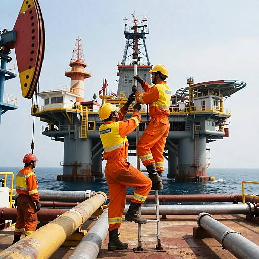 Photograph of three male oil rig workers in orange and yellow safety gear, standing on a metal deck with pipelines, operating equipment in front of two large