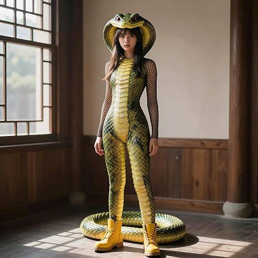 Woman in Detailed Snake Costume Indoors