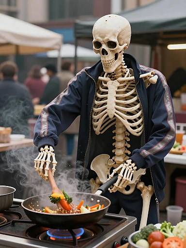 Skeleton Cooking Vegetables in Urban Market