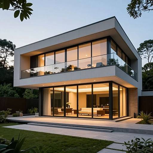 Modern, two-story house with large glass windows, illuminated interior, flat roof, and sleek, minimalist design, set in a lush, tree-lined yard