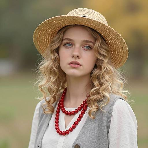 Young Woman in Straw Hat with Red Beads