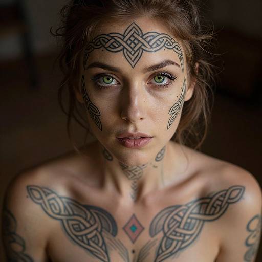 Photograph of a topless, fair-skinned woman with green eyes, brown hair, and intricate black Celtic tattoos covering her face and chest. Dim