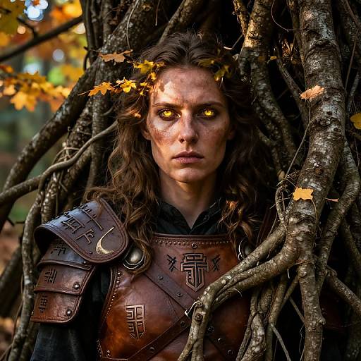 Photograph of a fierce, dark-haired woman with glowing yellow eyes, wearing brown leather armor, hidden among tangled tree roots with autumn leaves.