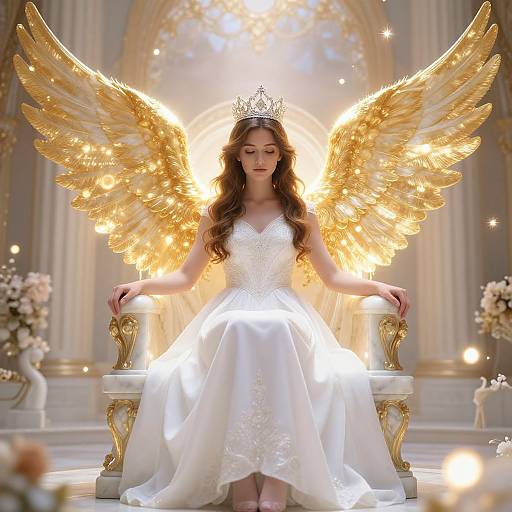Digital illustration of a young woman with long brown hair, golden wings, and a tiara, wearing a white, glittering dress, seated on an