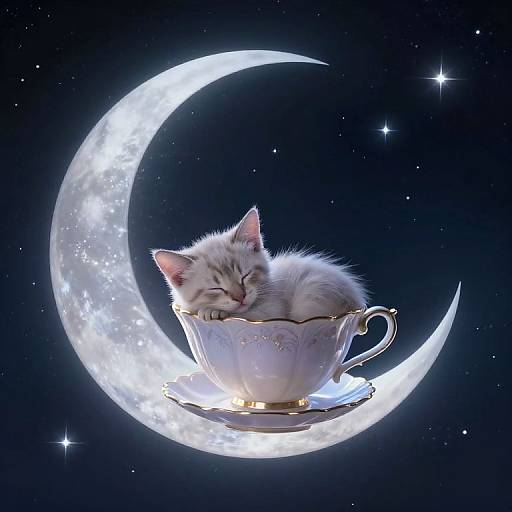 Fuzzy white kitten sleeping in a glowing, starry teacup, surrounded by a luminous crescent moon against a starry night sky.