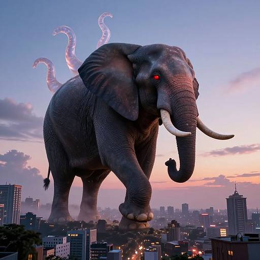 Digital artwork of a massive, gray, red-eyed elephant with glowing white tusks and purple, tentacle-like appendages over a cityscape at sunset
