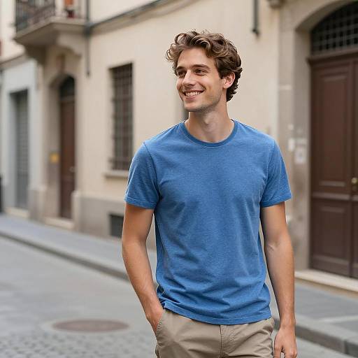 Smiling Young Man in Blue T-Shirt on City Street