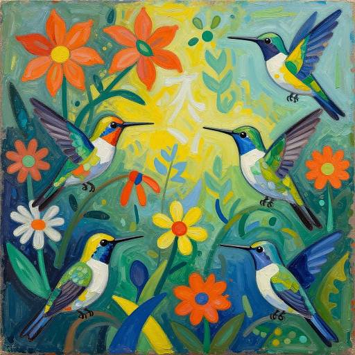 Vibrant, colorful painting of four hummingbirds with multicolored feathers, hovering around bright orange, yellow, and white flowers against a green,