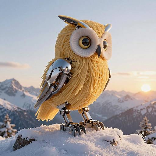Spaghetti Owl on Snowy Mountain Peak