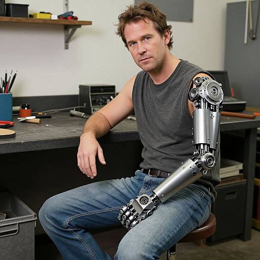 Man with Mechanical Prosthetic Arm Sitting at Workbench