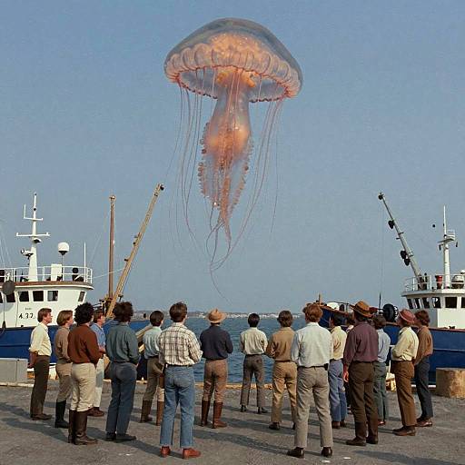 70s Fishing Harbor with Bioluminescent Jellyfish