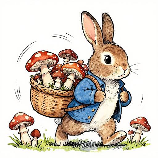 Whimsical Rabbit with Mushroom Basket