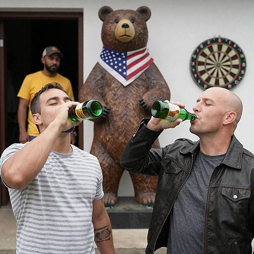 Casual Drinkers with Bear Statue