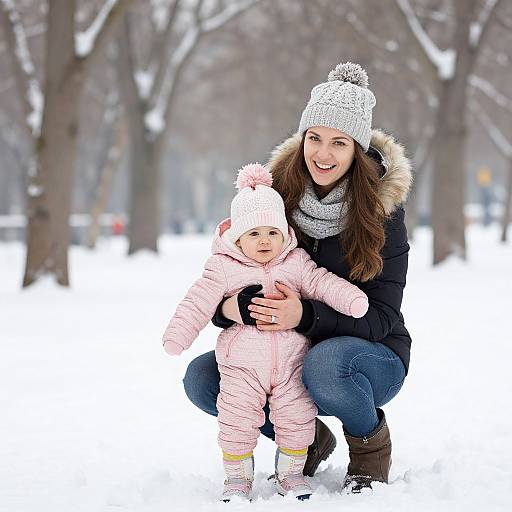 Photograph of a smiling woman in a black coat and white knit hat, crouching in snowy park with a baby in pink winter outfit and matching