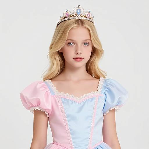 Blonde Girl in Pink Blue Dress