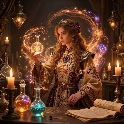 Digital art: Beautiful, long-haired woman in medieval dress conjures magic with glowing orb, surrounded by colorful flames, candles, and alchemical bottles in