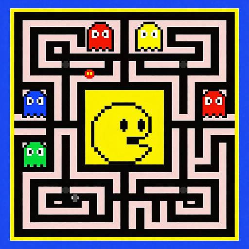 Pixel art of a maze with four colorful enemies (red, yellow, blue, green) and a central yellow smiley face. Bright blue border.