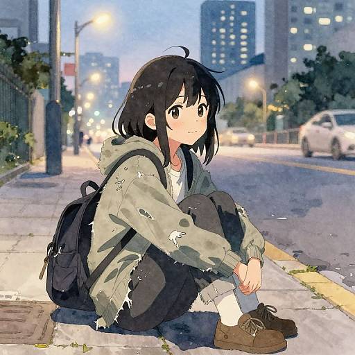 Hopeful Homeless Anime Girl at Dusk