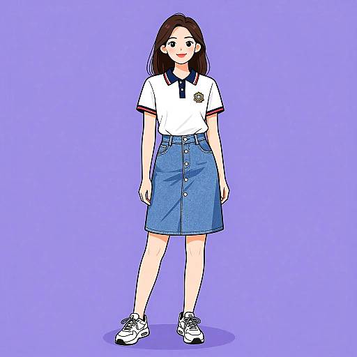 Digital anime-style drawing of a smiling young woman with long brown hair, wearing a white polo shirt, blue button-up skirt, and white sneakers, against
