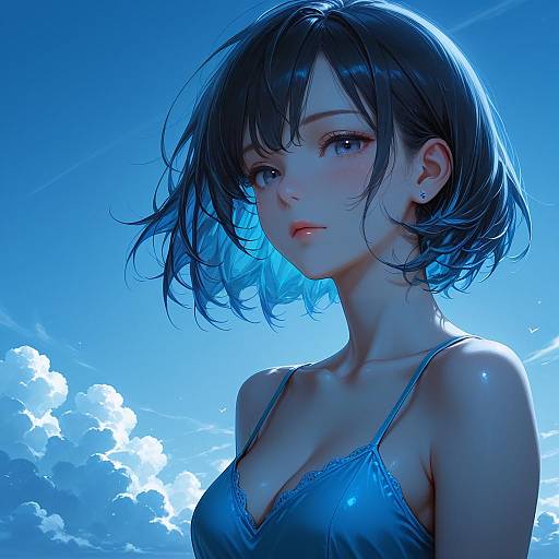 Young Woman in Blue Dress with Short Hair