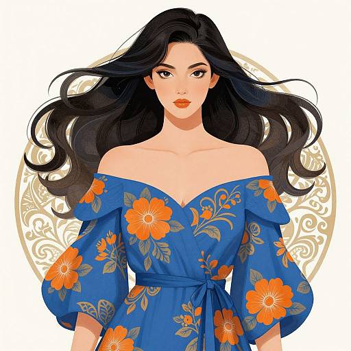 Digital illustration of an attractive woman with long black hair, wearing an off-shoulder blue floral dress with orange flowers, against a beige circular patterned