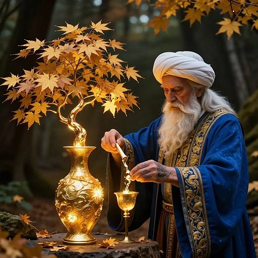 Photograph of an elderly, white-bearded man in a blue robe and white turban, lighting a golden, ornate vase with autumn leaves,