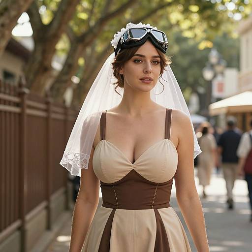 Photograph of a brunette woman with fair skin, wearing a vintage-style brown and cream dress, veil, goggles, and large breasts, walking on a