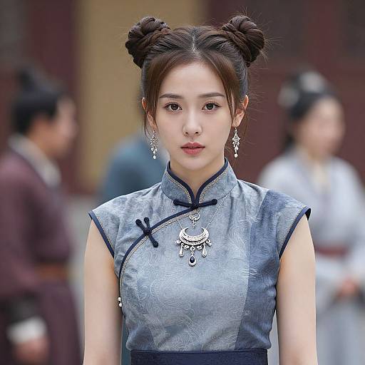 Photograph of an East Asian woman with double bun hairstyle, wearing a silver-grey traditional cheongsam with black trim, adorned with silver earrings and necklace