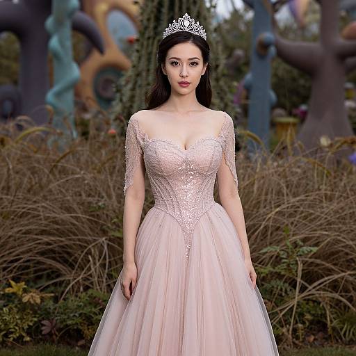 Photograph of an East Asian woman with long black hair, wearing a pink lace and tulle ballgown, silver tiara, standing in a