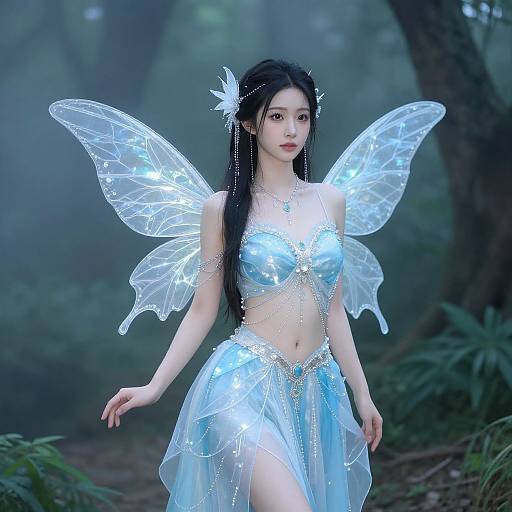 Digital artwork of a fair-skinned, Asian fairy with long black hair, glowing blue wings, and translucent, ice-blue attire, standing in a mist