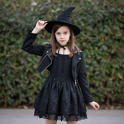Photograph of a young girl with fair skin and brown hair, wearing a black witch hat, long-sleeved black dress, and jacket, standing