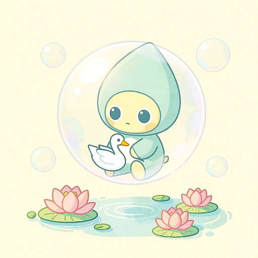 Whimsical Alien Floating in Bubble with Paper Swan