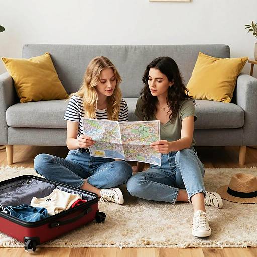 Two Women Planning Trip with Map Indoors