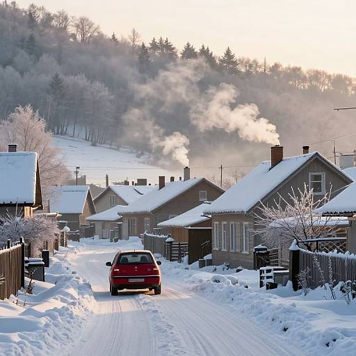 Photograph of a snowy suburban street at dawn, red car driving away, smoke rising from chimneys, frost-covered trees in background.
