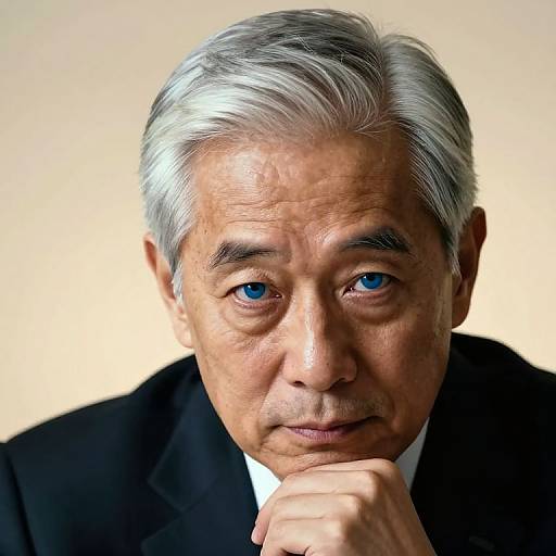 Photograph of an elderly Asian man with silver hair, blue eyes, and a thoughtful expression, wearing a black suit, resting his chin on his hand