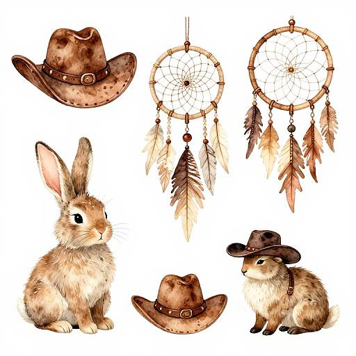 Watercolor illustration of two brown rabbits, a cowboy hat, and two dreamcatchers with feathers, all in a western style.