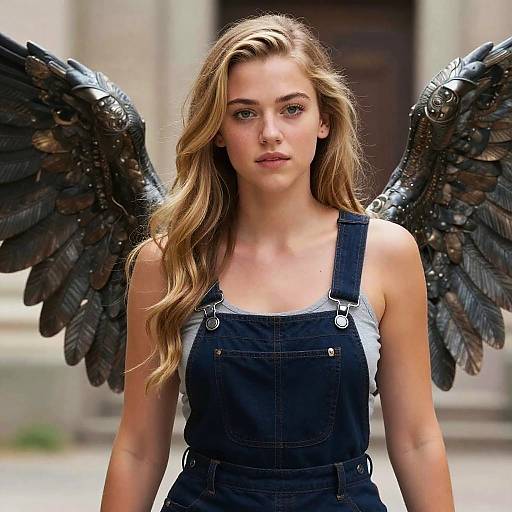 Photograph of a blonde woman with black angel wings, wearing denim overalls over a white tank top, standing outdoors with a neutral background.