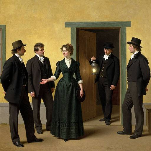 Photograph of five Victorian-era men in black suits and top hats, surrounding a woman in a green Victorian dress, by a yellow wall door. One