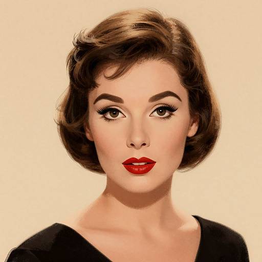 Digital illustration of a vintage-style woman with short brown hair, red lipstick, black eyeliner, and a black top, against a beige background.