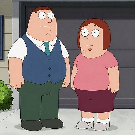 Cartoon image of a chubby man in a blue vest and green tie, and a chubby woman in a pink shirt and maroon skirt, standing outside