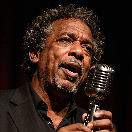 Photograph of a middle-aged man with curly gray hair, black beard, and dark skin, passionately singing into a vintage silver microphone, wearing a black